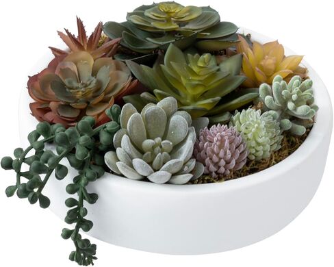 MyGift 8-Inch Artificial Succulent Plant Arrangement, Assorted Fake Plants in Modern Black Round Concrete Planter Bowl in Saudi Arabia