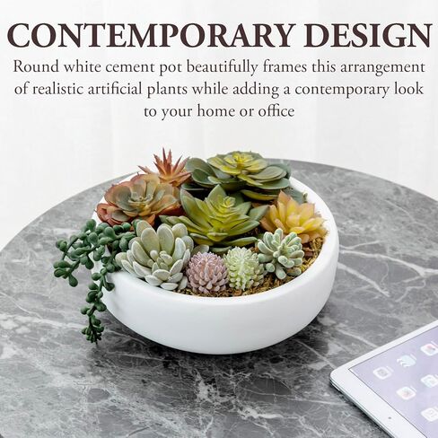 MyGift 8-Inch Artificial Succulent Plant Arrangement, Assorted Fake Plants in Modern Black Round Concrete Planter Bowl in Saudi Arabia