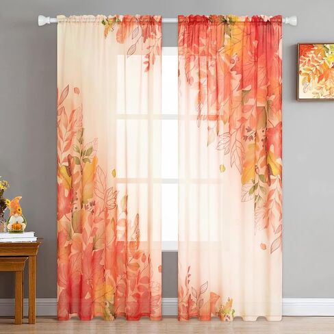 BLEUM CADE Fall Sheer Curtains for Living Room Thanksgiving Maple Leaves Curtains 84 Inches Long Rod Pocket Window Drapes Watercolor Autumn Semi Sheer Voile Curtains 52''W x 84''L, 2 Panels in Saudi Arabia