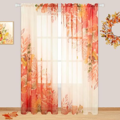 BLEUM CADE Fall Sheer Curtains for Living Room Thanksgiving Maple Leaves Curtains 84 Inches Long Rod Pocket Window Drapes Watercolor Autumn Semi Sheer Voile Curtains 52''W x 84''L, 2 Panels in Saudi Arabia