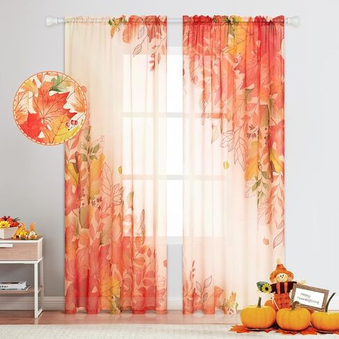 BLEUM CADE Fall Sheer Curtains for Living Room Thanksgiving Maple Leaves Curtains 84 Inches Long Rod Pocket Window Drapes Watercolor Autumn Semi Sheer Voile Curtains 52''W x 84''L, 2 Panels in Saudi Arabia