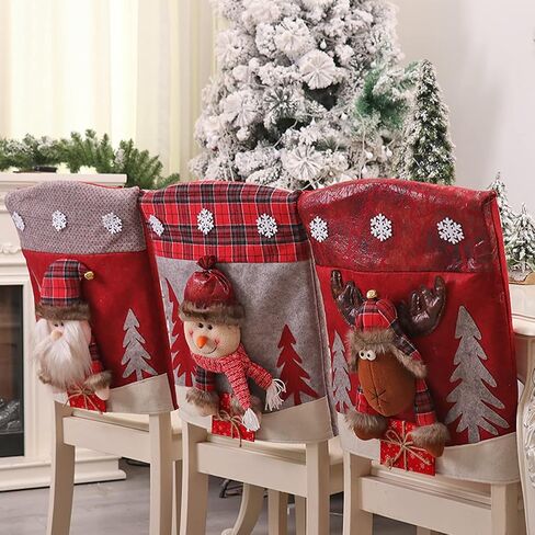 Christmas Chair Back Cover Set of 6 Santa Claus Snowman Elk Chair Covers Dining Chair Slipcovers for Kitchen Holiday Festival Party Home Decor in Saudi Arabia