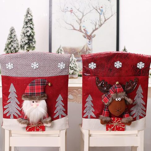 Christmas Chair Back Cover Set of 6 Santa Claus Snowman Elk Chair Covers Dining Chair Slipcovers for Kitchen Holiday Festival Party Home Decor in Saudi Arabia