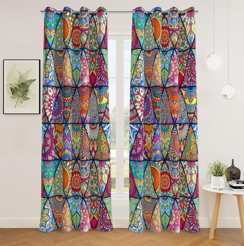 Bohemian 100% Blackout Curtains for Bedroom 63 inch Length 2 Panels Set Boho Colorful Mandala Thermal Insulated Room Darkening Window Drapes Patterned Black Out Curtains for Living Room, 52Wx63L in Saudi Arabia