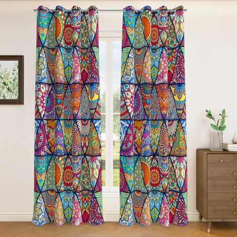 Bohemian 100% Blackout Curtains for Bedroom 63 inch Length 2 Panels Set Boho Colorful Mandala Thermal Insulated Room Darkening Window Drapes Patterned Black Out Curtains for Living Room, 52Wx63L in Saudi Arabia