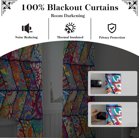 Bohemian 100% Blackout Curtains for Bedroom 63 inch Length 2 Panels Set Boho Colorful Mandala Thermal Insulated Room Darkening Window Drapes Patterned Black Out Curtains for Living Room, 52Wx63L in Saudi Arabia