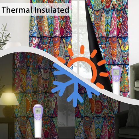 Bohemian 100% Blackout Curtains for Bedroom 63 inch Length 2 Panels Set Boho Colorful Mandala Thermal Insulated Room Darkening Window Drapes Patterned Black Out Curtains for Living Room, 52Wx63L in Saudi Arabia