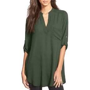 EVELUST Women's Roll Tab Sleeve Tunic - Perfect Long for Leggings Shirt Cute Versatile Top Notch V Neck Plus Size Blouse