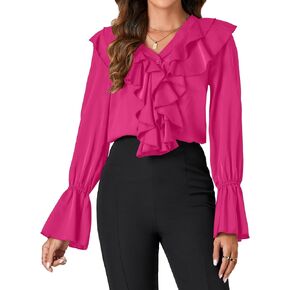 LYANER Women’s V Neck Ruffle Front Button Down Ruffle Long Sleeve Blouse Top Shirt