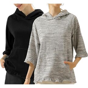 DOUBLJU 2 Pack Casual 3/4 Ruffled Sleeve Oversized Hoodie Sweatshirt Basic Loose Tops with Pocket Workout Sets for Women
