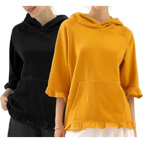 DOUBLJU 2 Pack Casual 3/4 Ruffled Sleeve Oversized Hoodie Sweatshirt Basic Loose Tops with Pocket Workout Sets for Women