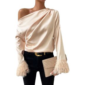 WDIRARA Women's One Shoulder Ruched Satin Blouse Fuzzy Cuff Flare Long Sleeve Fall Fashion Cocktail Tops