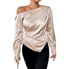 WDIRARA Women's One Shoulder Ruched Satin Blouse Fuzzy Cuff Flare Long Sleeve Fall Fashion Cocktail Tops