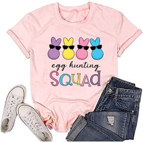 Women Egg Hunting Squad Easter Shirt Easter Bunny Tshirt Easter Party Tees Rabbit Graphic Short Sleeve Top