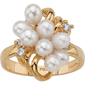 PalmBeach Yellow Gold-plated Oval Shaped Genuine Cultured Freshwater Pearl and Round Crystal Cluster Ring Sizes 6-10