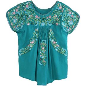 Kafeimali Women's Peasant Tops Mexican Blouse Flowers Embroidered Boho T Shirt