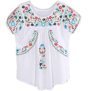 Kafeimali Women's Peasant Tops Mexican Blouse Flowers Embroidered Boho T Shirt