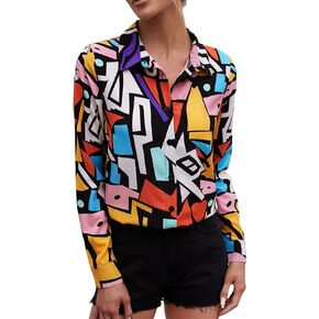 Verdusa Women's 90s Colorblock Long Sleeve Button Down Blouse Shirts Top