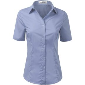 DOUBLJU Slim Fit Plain Classic Shirts Short Sleeve Button Down Collared Dressy Casual Work Blouse for Womens with Plus Size
