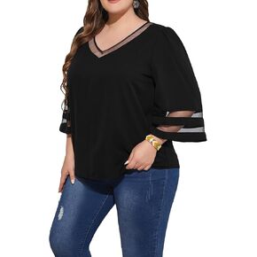 SweatyRocks Women's Plus Size Contrast Mesh 3/4 Sleeve Blouses V Neck Plain Loose Shirts Tops