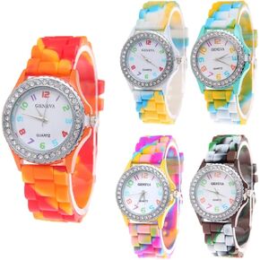 CdyBox Wholesale Watch Set Lot 5 Pack Rhinestone Colorful Silicone Jelly Wristwatch for Women Girls