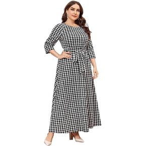 WDIRARA Women's Plus Size Houndstooth Print Round Neck 3/4 Sleeve Tie Belted Maxi Dress