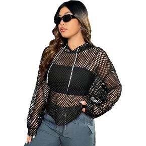 WDIRARA Women's Hollow Out Mesh Drawstring Long Sleeve Plus Size Casual Hoodie Sweatshirts
