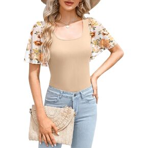 DOROSE Women's Floral Mesh Ruffle Sleeve Tops Square Neck Casual Summer Blouse T Shirts