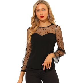 Allegra K Women's Round Neck Heart Dots Sheer Blouse Long Mesh Sleeve Top