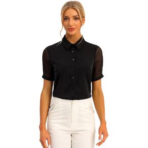 Allegra K Button Down Shirt for Women's Sheer Short Sleeve Point Collar Work Tops