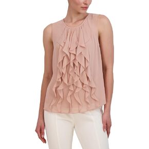 BCBGMAXAZRIA Women's Sleeveless Relaxed Top Draped Ruffle Crew Neck Button Shirt