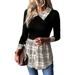 GORGLITTER Women's Plaid Button Down Blouse Shirt Patchwork Long Sleeve Collared 2 in 1 Peplum Top