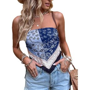 SOLY HUX Women's Paisley Print Tie Back Strapless Tube Bandana Cami Crop Top