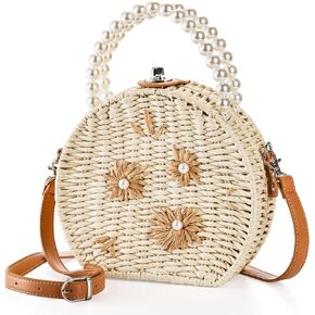 Round Rattan Handbag, Top Pearl Handle Straw Tote Bag, Natural Handmade Wicker Handbag, Retro Summer Beach Basket Purse, Leather Strap Shoulder Flower Woven Purse for Women Lady