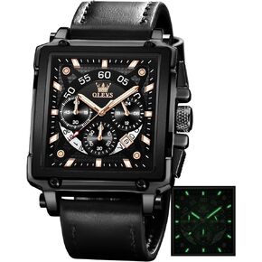 OLEVS Square Watches for Men Leather Multifunctional Chronograph Fashion Business Dress Analog Quartz Wrist Watches Luminous Waterproof