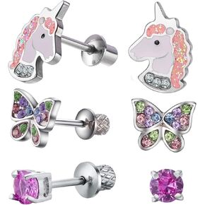 Hypoallergenic Unicorn Butterfly Heart Crown Kitten Cat Flamingo Puppy Ladybug Flower Dinosaur Bird Deer Cupcake Ballerina Stud Earring Set with Secure Screwback for Kids, Toddlers, Little Girls, Baby Girls