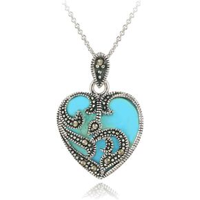B. BRILLIANT Sterling Silver Synthetic Turquoise & Marcasite Heart Love Necklace for Women Girls