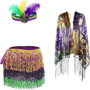إكسسوارات زي ماردي غرا، تنورة ملفوفة بالترتر ووشاح شال وعصابة رأس، أزياء ماردي غرا للنساء، تنانير شرابة من الترتر، تنورة رقص شرقي للفتيات في عيد ماردي غرا باتريك in Kuwait