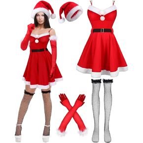 4pcs Christmas Santa Dress Women Santa Claus Costume with Thigh High Stockings Xmas Party Hat Red Satin Gloves