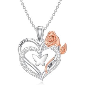 ROMANTIC WORK Sterling Silver Heart Butterfly Necklace for Women Romantic Rose Butterfly Pendant Christmas Birthday Jewelry Gifts for Mom Wife
