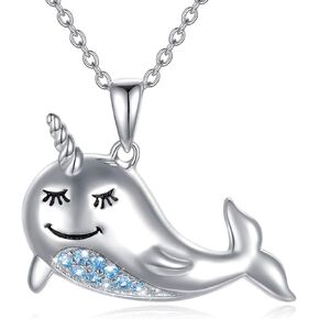 POPKIMI Narwhal Necklace Sterling Silver Crystal Narwhal Jewelry Tiny Silver Whale Necklace Love Gift for Women Teen Girls
