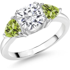 Gem Stone King 925 Sterling Silver White Moissanite and Green Peridot 3 Stone Engagement Ring For Women (2.66 Cttw, Gemstone Birthstone, Available In Size 5, 6, 7, 8, 9)