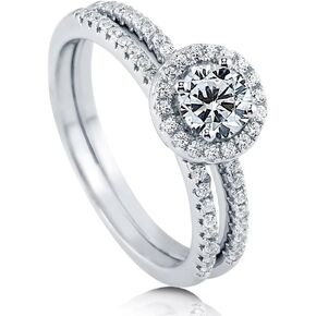 BERRICLE Sterling Silver Halo Wedding Engagement Rings Round Cubic Zirconia CZ Promise Ring Set for Women, Rhodium Plated Size 4-10