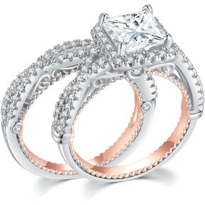 2.3Ct Halo Princess Cubic Zirconia Bridal Ring Set Engagement Wedding Rings for Women 18K Gold Plated Size 6-10