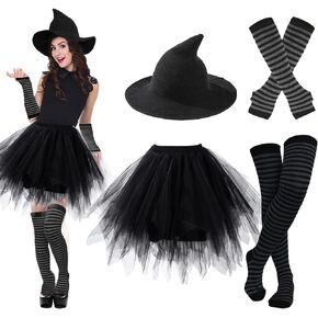 Ibeauti Halloween Witch Costumes for Women Girls Gothic Cosplay Witch Hat Tutu Skirt Striped Knee High Socks Arm Warmers Set