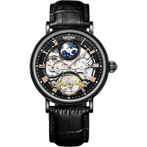 IK COLOURING Automatic Mechanical Mens Luxury Skeleton Automatic Mechanical Wrist Watches Leather Moon Phrase Luminous Hands Self-Wind Watch,Tourbillon Automatic Waterproof Wrist Watch for Men Gift