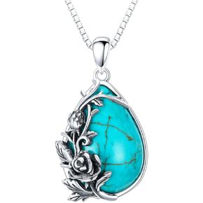 DOLIOX Genuine Turquoise Teardrop Pendant Necklace with Rose, Sterling Silver Boho Native Western Jewelry Birthdays Gift for Women