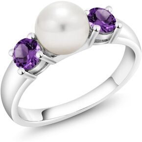 Gem Stone King 925 Sterling Silver Freshwater Pearl and Purple Amethyst Ring For Women (0.72 Cttw, Gemstone February Birthstone, Available in Size 5,6,7,8,9)