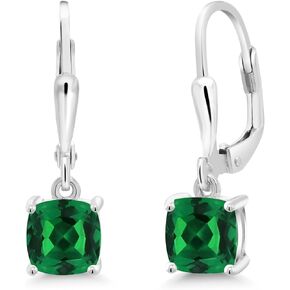 Gem Stone King 925 Sterling Silver Green Nano Emerald Dangle Earrings For Women (2.00 Cttw, Gemstone May Birthstone, Cushion 6MM)