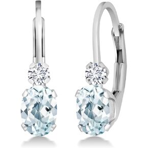 Gem Stone King 925 Sterling Silver Sky Blue Aquamarine and White Diamond Leverback Earrings For Women (1.07 Cttw, Gemstone March Birthstone, Oval 6X4MM, Round 2MM, 3/4 Inch)